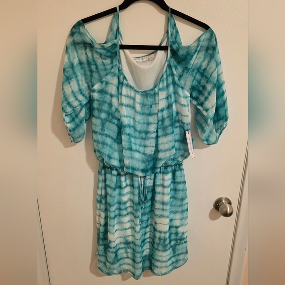 BISOU BISOU Dress Cold Shoulder Emerald Mint Bodycon mini Maximalist Tie Dye NWT - Picture 1 of 9